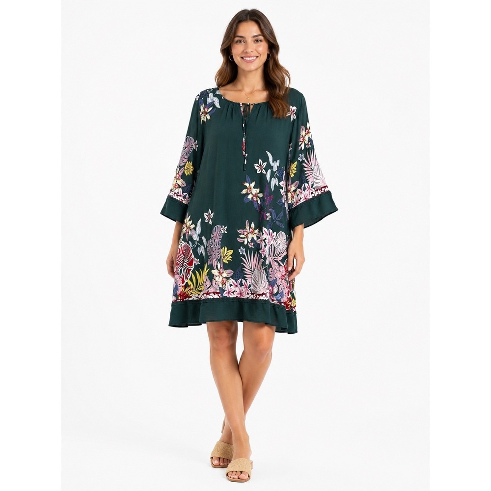 Suzanne Betro XL Tropical Floral Shift Dress 3/4 Sleeve Pockets Resortwear
